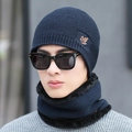 Men's winter knit hat and neck warmer set in navy blue with thick fleece lining - Navy Blue Set