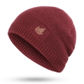 Winter wine red knitted beanie for men with maple leaf leather patch and fleece lining - Wine Red Hat