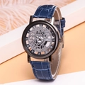 Men's quartz watch featuring a navy blue crocodile leather strap and black skeleton dial - Black Dial Blue Strap