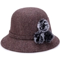 Deep reddish-brown wool fedora hat for women with plush fur ball accents and a round top - One Size / Khaki