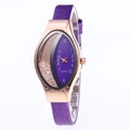 Purple leather watch with rose gold leaf case and floating crystals on dial - Purple