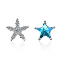 Asymmetric blue star stud earrings with sparkling white crystals on silver base - Silver/Blue (Copper Plated White Gold)