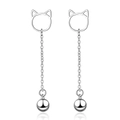 Cute silver hollow cat ear studs with long hanging chains and round bell pendants - Cat Bell Style (Platinum Plated Copper)