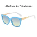 Fashionable square sunglasses with blue frame, gray-yellow lenses, and golden metal legs - Blue Frame Grey Yellow Lens