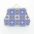 Close-up of Morocco style fabric coin purse with traditional geometric pattern and kiss-lock - Deep Blue and White Floral Pattern