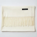 Creamy beige cashmere feel scarf with long tassels for winter warmth, flat lay view - Off-white