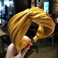 Cross-knot wide mustard yellow satin hairband featuring a stylish pleated design for women - Yellow