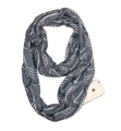 Close-up of infinity scarf with white arrow pattern and functional hidden zipper pocket - Dark Grey with White Arrow