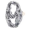 Light grey infinity scarf with black arrow pattern featuring a hidden zipper pocket for phone - White with Black Arrow