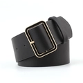 Women's wide black leather belt featuring a large gold square buckle on white background - Black / 105