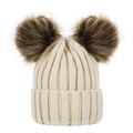 Winter infant knit hat in cream with double brown faux fur pom-poms for ear protection - S / Beige