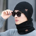 Winter knit beanie hat and neck warmer set with maple leaf logo and fleece lining - Hat And Scarf Set / Black Zirconia Set