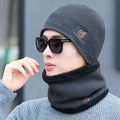 Men's dark grey winter knit beanie and scarf set with thick warm fleece lining - Grey Set