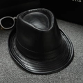 Classic black leather jazz fedora hat with stitched brim on grey felt background - Around 58cm / [Leather] Black