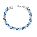 Silver bracelet featuring alternating dark blue and clear marquise-cut crystal leaves - 19cm (With Extension) / White Gold Sapphire Blue