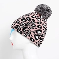 Pink and black leopard print knit beanie with fluffy faux fur pompom for women - One Size / Pink Leopard