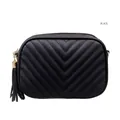 V-quilted black PU leather camera bag with gold zipper and tassel detail - Black
