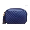 Deep blue chevron quilted crossbody bag with stylish gold chain and tassel detail - Dark Blue