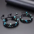 Double-layer braided bracelet set with natural turquoise and black volcanic lava stones - Couple Set