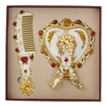 Vintage metal heart-shaped mirror and comb set with rose embossments in gift box - Red Yellow Rose Relief White Enamel (Gold) / Rich Gold White