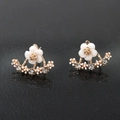 Golden double-layer lotus stud earrings with white resin petals and sparkling rhinestones - Rose Gold A3321