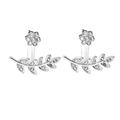 Silver lotus flower earrings with cubic zirconia and curved leaf vine jacket - Silver A4330