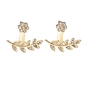Golden flower and olive leaf stud earrings set with sparkling crystals in a two-part design - Gold A4329