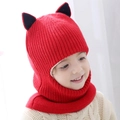 Red knit hooded baby scarf hat with cute black ears for windproof winter warmth - Cat Ear / Red