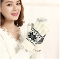 Guantes de punto táctiles en color beige con copo de nieve negro y puños de pelo sintético - Talla única / Estilo Copo Blanco