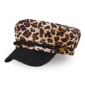Leopard print wool baker boy hat with black brim and gold buttons for women - Dark Brown Caramel Leopard Style (3)