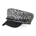 Women's vintage leopard print fiddler cap with black brim and gold button detail - Gray White Leopard Style (1)