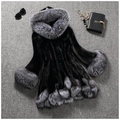 Women's black mid-length faux fur hooded coat with grey fox fur trim shown on grey ground - 4XL / Black