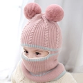 Rosa Kinder-Sturmhaube mit doppelten Bommeln und blau gestreiftem Futter - Pompon / Rosa