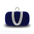 Deep royal blue velvet evening clutch with U-shaped crystal chain and ring handle - Sapphire Blue