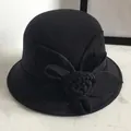 Elegant black wool cloche hat for women featuring a handmade felt flower decoration - M / Four-leaf Rose / Black