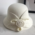 Elegant off-white wool felt cloche hat with floral leaf detail for women in winter - M / Four-leaf Rose / White