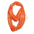 Detail of infinity scarf with hidden zipper pocket holding a smartphone - Orange with White Arrow