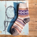 Beige and purple vintage Nordic style wool blend socks with geometric Fair Isle pattern - One Size / Khaki