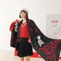 Winter knit Christmas scarf in black with white snowflake and reindeer patterns - Black Red