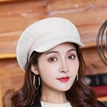 Classic creamy white wool octagonal newsboy hat for women in a cozy indoor setting - One Size / Off White