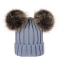 Blue knitted winter hat for infants with two brown faux fur pom poms on white background - S / Silver Grey