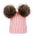 Pink knit baby beanie featuring two large brown faux fur pom poms on top for winter - S / Pink