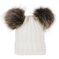 Detail showing white cable knit texture and fluffy dual faux fur pom-poms on the baby hat - S / White