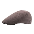 Men's dark brown pleated newsboy cap with vintage textured fabric and metal side tag - Adjustable / Coffee