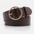Ceinture femme en cuir marron foncé avec boucle métallique dorée ronde pour jeans - café