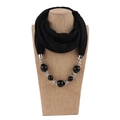 Detail of black fabric scarf necklace with oversized beads and silver metal rings - 180x40cm / Black