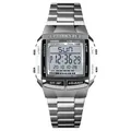 Silver stainless steel multi-functional digital sports watch with square LCD display screen - Silver