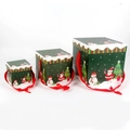 Three-piece nesting Christmas gift box set in forest green with festive Santa and snowman motifs - LH-3 Green Theme Set Box