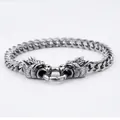Men's punk style stainless steel bracelet featuring detailed double dragon head clasp - Dragon Head Style (Ancient Silver)
