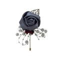 Elegant grey satin rose boutonniere with burgundy ribbon, gold leaf, and pearl details - Dark Gray